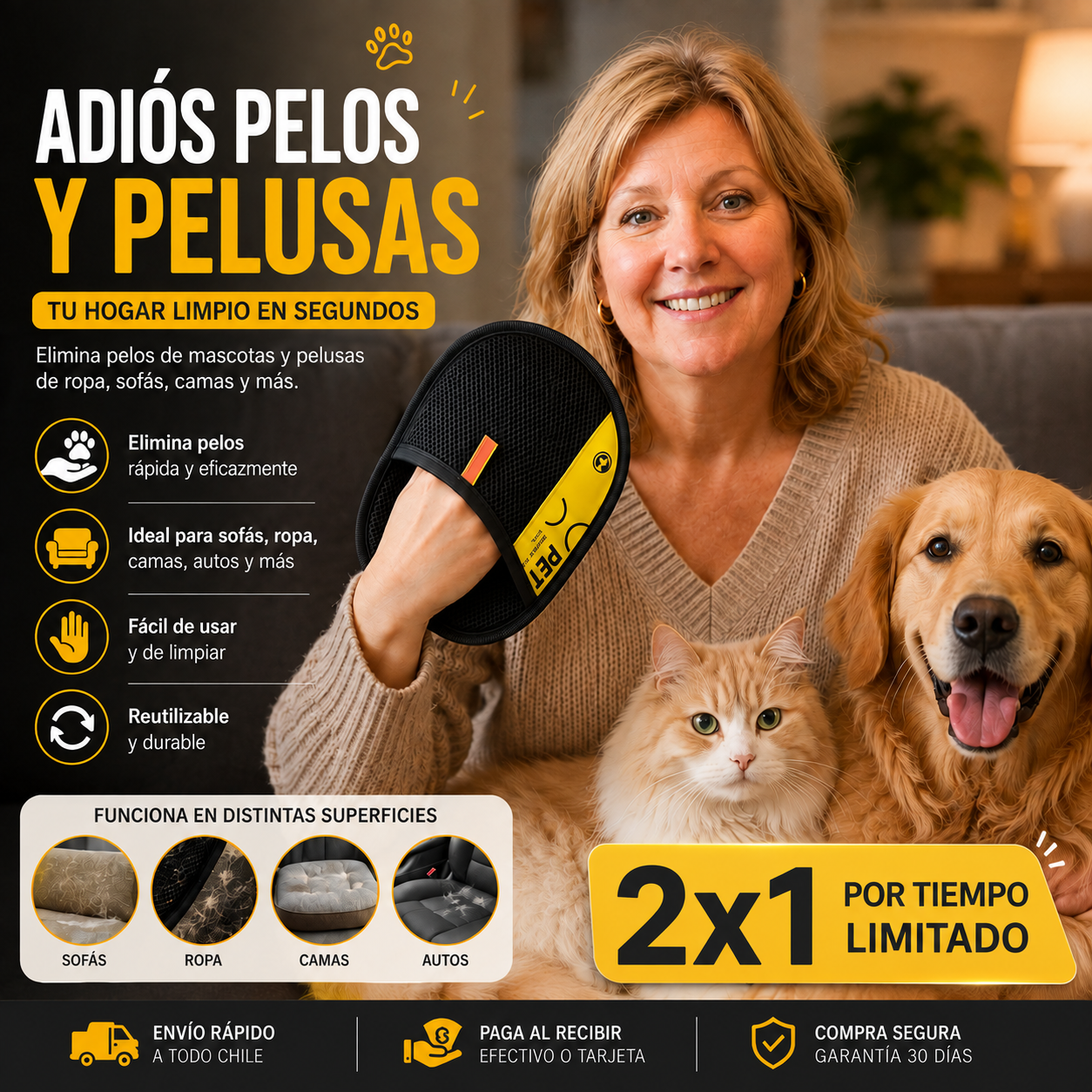 PACK 2X1 Guante Quita Pelos para Mascotas - Adiós a los Pelos Pegados en Todas Partes