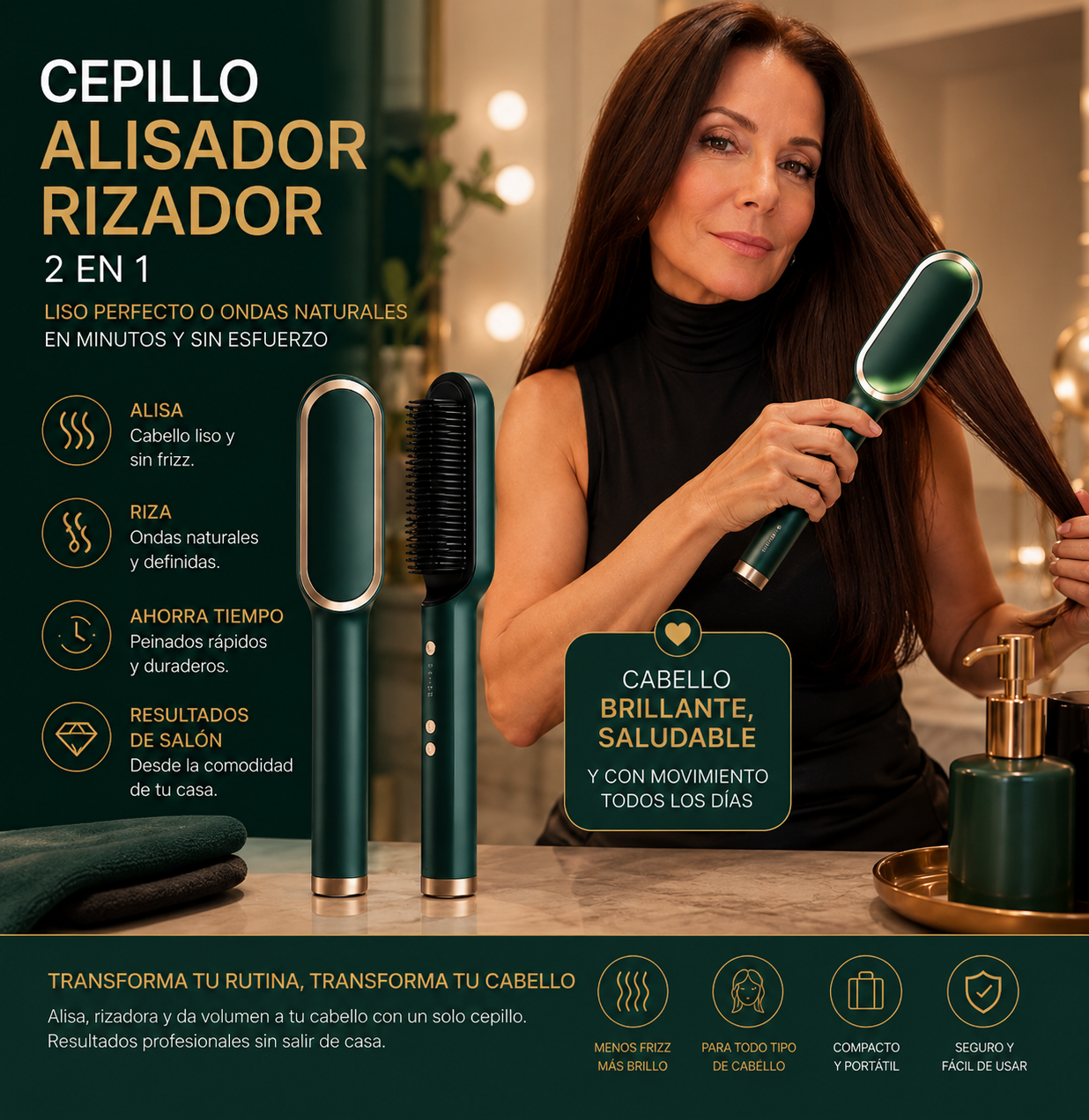 Cepillo Alisador Rizador - Peina tu Cabello Fácil, Rápido y Sin Frizz